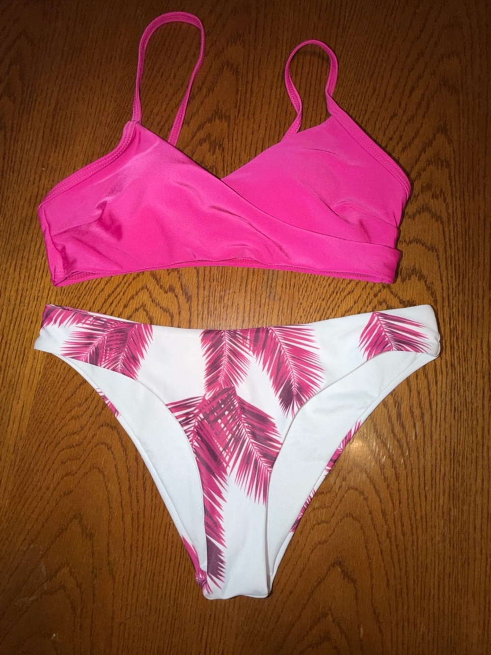 SHEIN Hot Pink Bikini Set with Pink Palm Print Bottoms